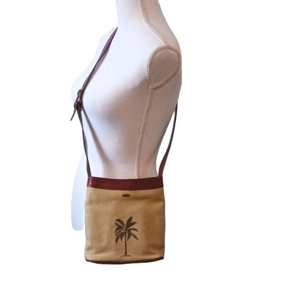 Scala Tan Canvas Palm Tree Bag Brown Leather Trim… - image 2